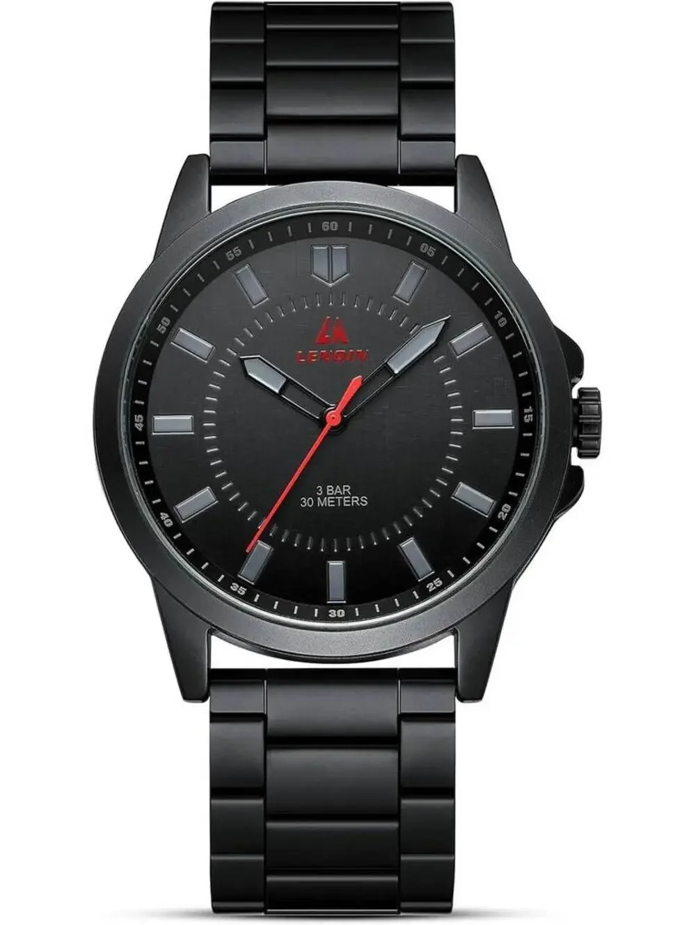LN LENQIN Men's Black Stainless Steel Analog Quartz Wristwatch with Date Display